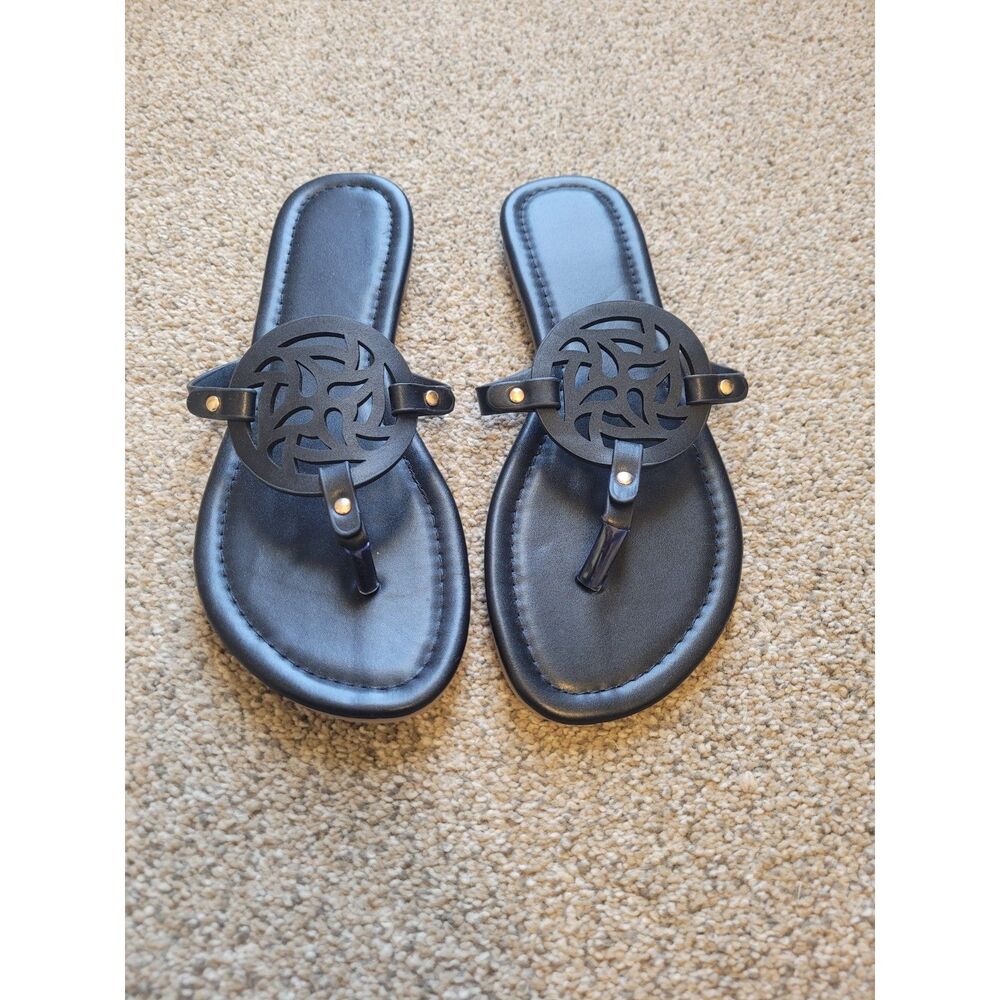 Women's Black Medallion Slide Sandals Size 39 (8-8.5) Miller Style Flip Flops
